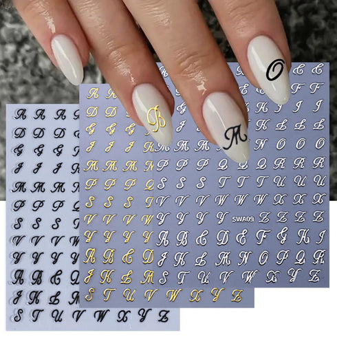 8 Sheets Retro English Letters Nail Stickers for Nail Art - Black White Gold Silver Retro English Nail Art Decals 3D Self-Adhesive Letter Nail Sti...