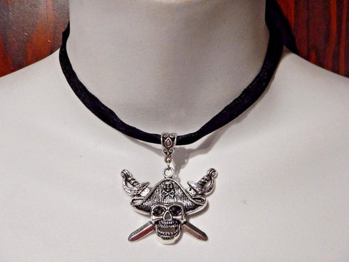 Handmade Jolly Roger Pirate Skull & Crossed Swords Pendant on Black Velvet Choker Necklace...