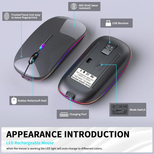 Wireless Bluetooth Mouse, Rechargeable LED Dual Mode Mouse (Bluetooth 5.2 and USB Receiver) Portable Silent Mouse,for Laptop/Desktop/Tablet(Black)...
