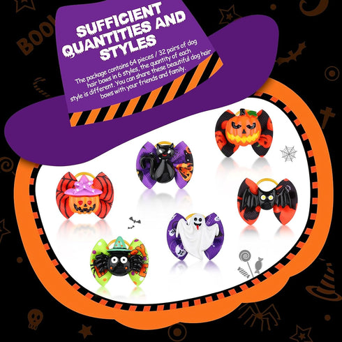 Frienda 64 Pieces Halloween Dog Hair Bows Halloween Dog Topknot Bows with Rubber Bands Pumpkin Ghost Bat Pet Hair Bows Puppy Grooming Bows Hallowe...