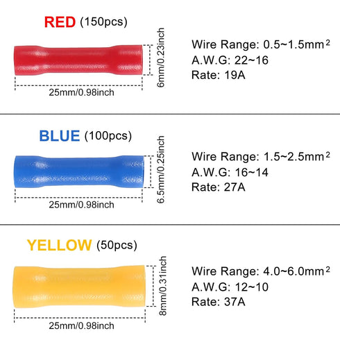 300PCS Butt Splice Crimp Connectors Insulated Electrical Straight Wire Terminal Connectors 10-22AWG Assorted Butt Splice Terminals, Yellow/Blue/Re...