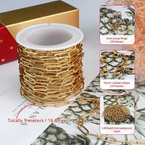 16.4 Feet 18K Gold Plated Stainless Steel Paperclip Chain DIY Jewelry Making Kit for Adults & Teens, Unisex, Gold, Life-Size, Not Foldable...