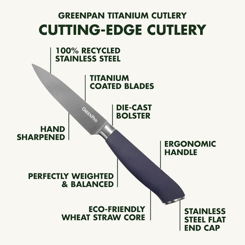 GreenPan Titanium 4" Paring Knife, Titanium Coated, Stainless Steel, Eco-friendly, Ergonomic Grip, Slip Resistant, Balanced, Heat Treated, Hand Sh...