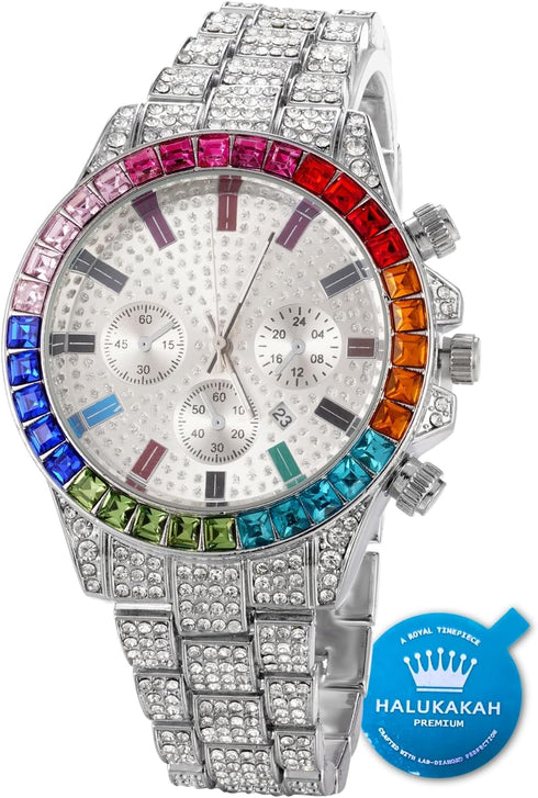 Halukakah Multicolor Diamonds Gold Watch Iced Out,Men's 18K Real Gold/Rose Gold/Platinum White Gold Plated 40MM Width White Dial Quartz Wristband ...