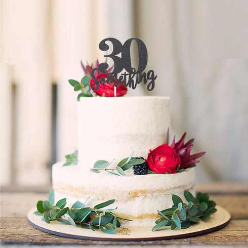 30 Something Cake Topper Double Sided Black Glitter Hello Thirty Sign 30th Birthday Party Decorations...