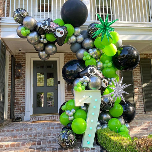 144Pcs Video Game Balloon Arch Garland Kit Green Black Silver Explosion Star Game Controller Mylar Balloons for Boys Kids Game On Level Favor Them...