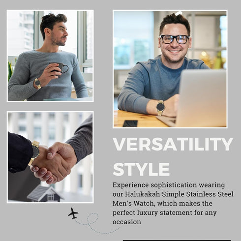 Halukakah Minimalist Stainless Steel Men's Watch - 24k Real Gold Plated/Platinum Plated Silver/Rhodium Plated Black Watch Band,Black Dial.Comes wi...