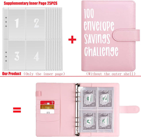 25 Sheets 100 Envelopes Money Saving Challenge a5 Binder 6-Ring Inserts for Replacement, Number 1-100 Money Bags for Cash Stuffing (Font A)...
