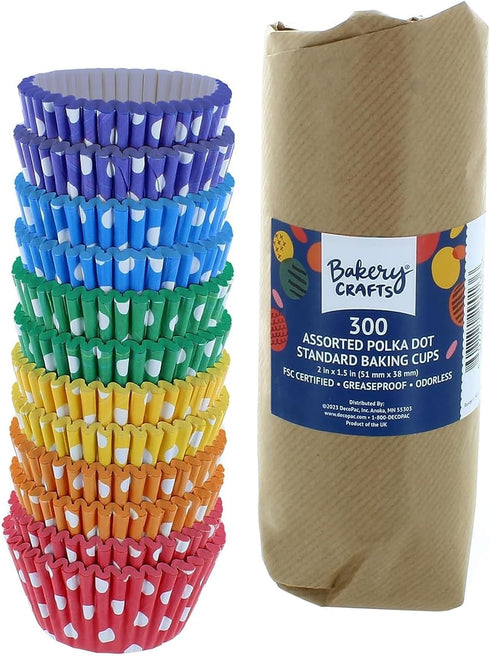 Bakery Crafts Polka Dot Baking Cups - 300-2" Cupcake Liners with White Spots, Purple, Blue, Green, Yellow, Orange, Red, Greaseproof Paper Cases fo...