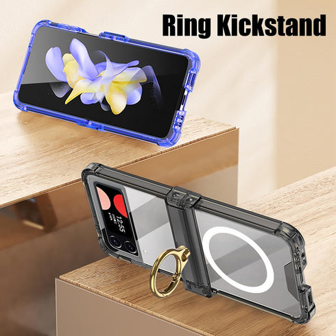 for Samsung Galaxy Z Flip 4 Clear Case with Ring Holder and Hinge Protection,Compatible with Wireless Charger,Slim Fit Transparent Hard PC Shockpr...
