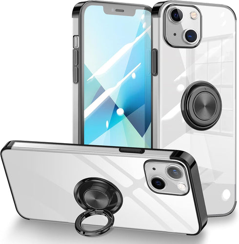 Compatible with iPhone 13 Case 6.1 inch with Ring Holder Kickstand Clear Soft Silicone Flexible Shockproof TPU Cover Transparent Protective Phone ...
