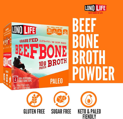 LonoLife Beef Bone Broth Powder Mix | Grass-Fed, 10g Protein | Collagen-Rich, Keto & Paleo Friendly | Natural Ingredients | 10 Single-Serve Cups...
