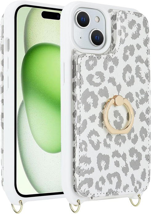 for iPhone 15 Case with Card Holder and Strap for Women,Crossbody Lanyard,Ring Stand,Snap Clasp,Cute Phone Wallet Cases 6.1 inch(White Leopard)......