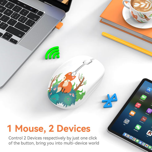 Cute Wireless Mouse, Bluetooth Mouse Dual Mode with 2.4GHz USB Receiver for Laptop, iPad, MacBook, AA Battery Silent Cartoon Fox Cordless Mice for...