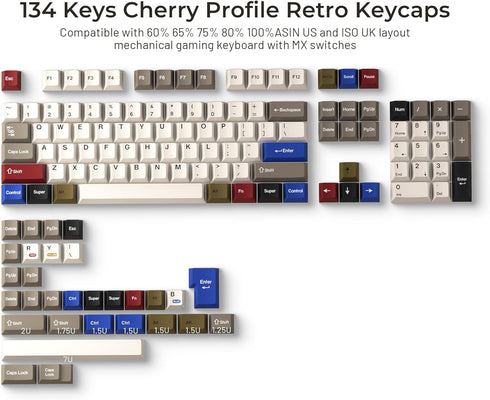 XVX Retro PBT Keycaps, Custom Key caps, Cherry Profile Dye Sublimation Keycap Set Suitable for 60% 65% 75% 100% Cherry Gateron MX Switches Mechani...