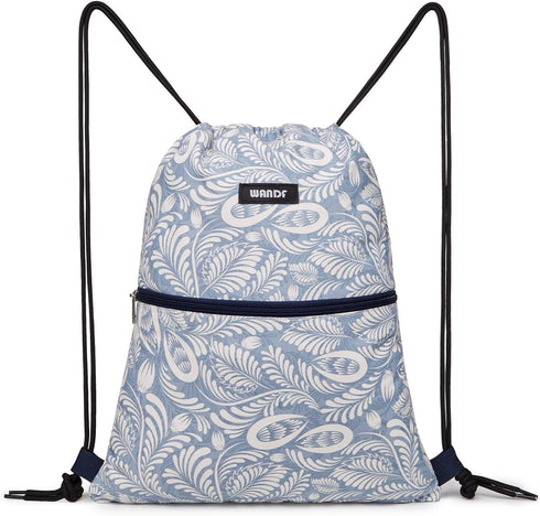WANDF Drawstring Backpack String Bag Sackpack Cinch Water Resistant Nylon for Gym Shopping Sport Yoga (Light Blue Leaf with zipper)...