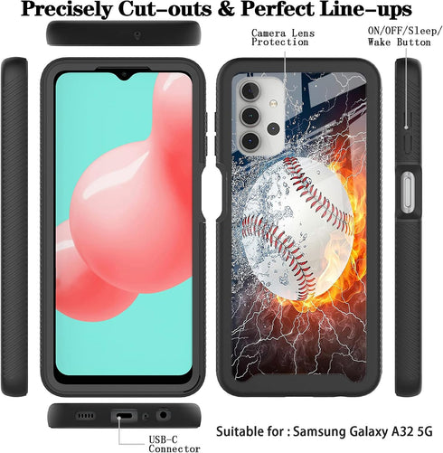 Compatible with Samsung Galaxy A32 5G Case Ice Fire Baseball Legend for Boys Men Full-Body Dual Layer Rugged Shockproof Bumper Heavy-Duty Protecti...