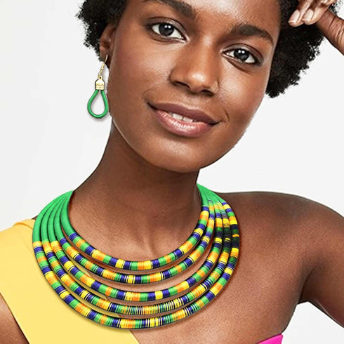 African Necklace Earrings Set Multilayer Woven Rope Choker Layered Strand Collar Statement Jewelry Accessories for Women and Girls...