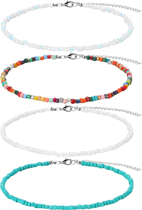 4 Pieces Women Bead Choker Necklace Colorful Bohemian Seed Bead Chain Girls Boho Hawaiian White Tiny Turquoise Layered Collar (Style A, 4 Pieces)...