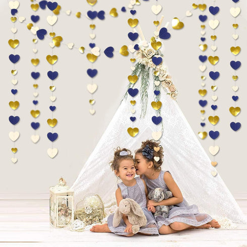 52Ft Valentines Day Party Decorations Navy Blue Gold Love Heart Garland Royal Blue Gold Hanging Streamer Banner for Anniversary Mothers Day Bachel...