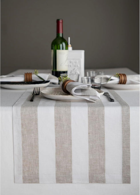 Solino Home Linen Table Runner 36 Inches - Cabana Stripe 100% Pure Linen Natural and White Table Runner 14 x 36 Inch Ideal for Dresser and Coffee ...