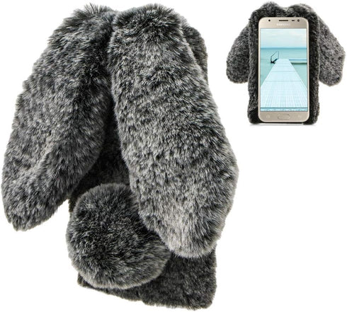 LCHDA Rabbit Case for Samsung Galaxy J3 2018, Cute 3D Bunny Ears Soft Furry Hairball Fuzzy Winter Warm Faux Fur Plush Fluffy Flexible TPU Bumper P...
