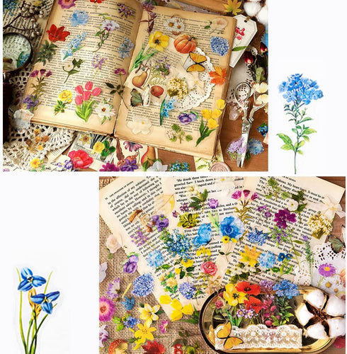 EAMOTOL Vintage Aesthetic Floral Journals Stickers - 100PCS PET Transparent Blue Flowers Plant Materials Scrapbooking Supplies for Daily Planner B...
