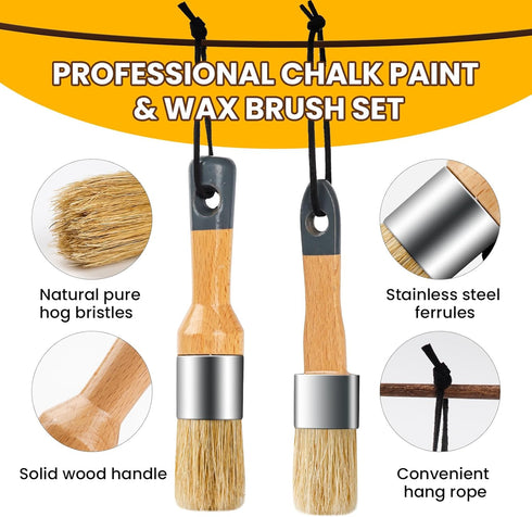 YiBaiBrush-Wax and Chalk Paint Brush, 2 Pack Wax Brushes and Chalk Paint for Furniture DIY Art Crafts, Natural Bristle Round Oval Chalk Paint Brus...