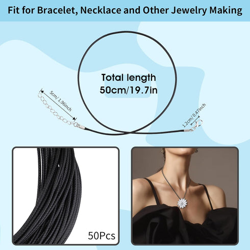 50 Pcs Black Necklace Cord Necklace String Rope with Clasp Waxed Leather Necklace Cord for Charms Pendants Jewelry Making, 18 Inch...