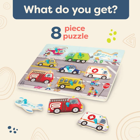 B. toys- Peek & Explore - Vehicles- Wooden Peg Puzzle – Vehicle Puzzle for Toddlers, Kids – 8 Puzzle Pieces – Fire Truck, Airplane, Taxi & More – ...