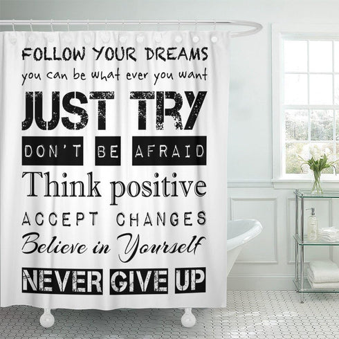 Emvency Black Positive Shower Curtain Quotes Inspirational Motivational Teen Follow Your Dreams Just Try Never Give Up Kids Boys Affirmation Water...