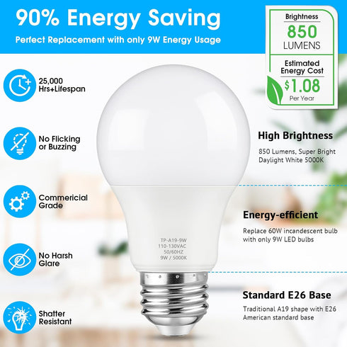 A19 LED Light Bulb, 60 Watt Equivalent LED Bulb, Daylight White 5000K, 850 Lumen, E26 Base, Non-Dimmable, 9W Bright White LED Bulb, 12-Pack...