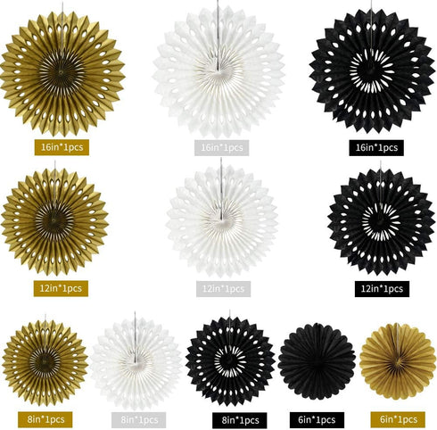 BEISHIDA Black Gold White Hanging Honeycomb Round Paper Fans Decoration Set for New Year Baby Shower Birthday Wedding Bachelorette Photo Booth Bac...