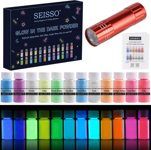 Glow in The Dark Powder 12 Colors Epoxy Resin Dye Luminous Pigment Powder Safe Long Lasting for Fine Art, DIY Nail Art, Epoxy Resin Colorant, DIY ...