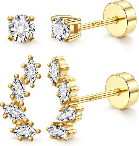 2 Pairs 925 Sterling Silver Flat Back Earrings for Women Dainty Gold CZ Flatback Cartilage Earring Small Helix Tragus Multiple Piercing Jewelry...