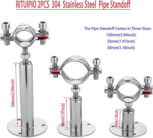 2PCS Wall Mount Ceiling Mount Pipe 304 Stainless Steel Pipe Supports Pipe Standoff Adjustable Height 30-60mm?1.18"-2.36"?for OD Pipe 15-19mm(0.59-...