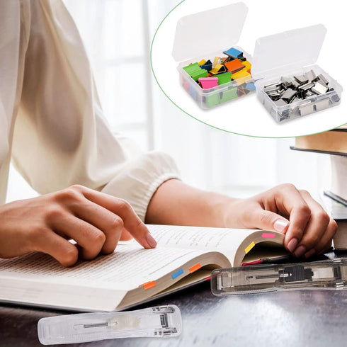 2Pcs Paper Clip Dispenser, Handheld Paper Clam Clip Dispenser with 100 Pcs Paper Clam Clip, 2Pcs Clam Clip Dispenser, Mini Push Stapler, Clam Clip...