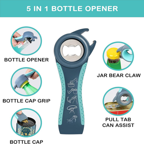 Jar Opener for Weak Hands, Seniors with Arthritis, 5 in 1 Multi Function Bottle Opener Lid Opener For Arthritic Hands with Non Slip Rubber Jar ope...