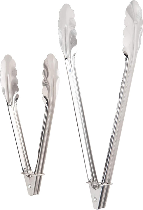 Chef Craft Set of 2 (1-9" & 1-12") Stainless Steel Clam Shell Food Service Tongs with Sliding Rings. Quality Construction, Dishwasher Safe, Silver...