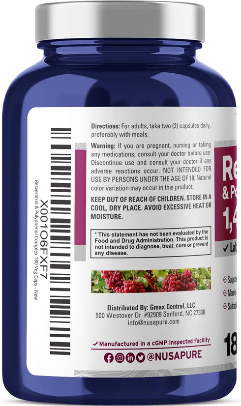 NusaPure Resveratrol & Polyphenol Complex 1450mg 180 Vegetarian Caps (Non-GMO, Vegan) Vitamin C...