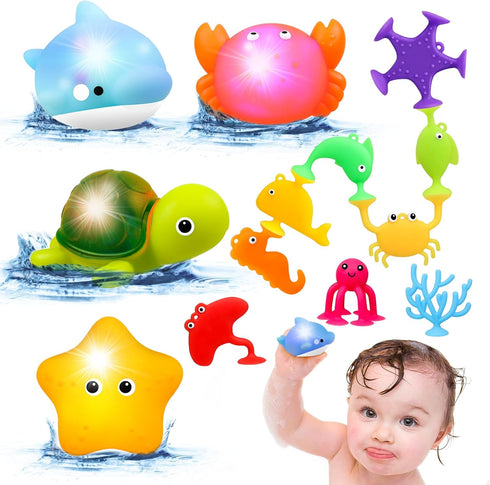 Baby Bath Toys for Kids Ages 1-3,Mold Free Silicone Suction Cup Toys for Toddlers 2-4,No Hole Light Up Ocean Animal Bathtub Sensory Toys for Babie...
