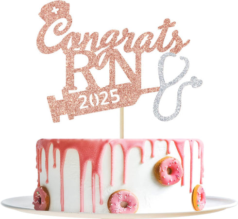 Rose Gold Glitter Congrats RN 2025 Cake Topper - 2025 Graduation Party Decoration, 2025 Nurse Congrats Grad Photo Prop...