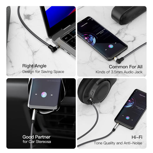 3.5mm Audio Cable 6ft/1.8M, Stereo Aux 3.5mm to 3.5mm Cable 90 Degree Long Aux Cable Aux 3.5mm Male to Male Right Angle TRS Cable Compatible for H...