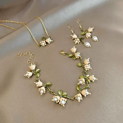 3Pcs Set Lily of the Valley Necklace and Earring Bracelet Green Paint Leaves and Freshwater Pearl Necklace Gift for Women Mom Friends Bride...