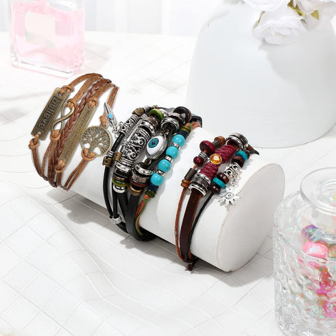 Hicarer 3 Pieces Multilayer Woven Leather Bracelets Western Bracelets Gifts for Women Beaded Bohemia Bracelet Evil Eye Boho Handmade Pu Bracelet W...