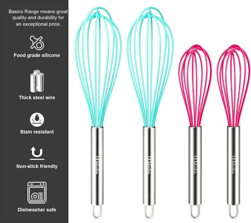 Webake 8 Inch and 10 Inch Silicone Whisk Set of 4, Egg Beater Whisk Balloon Egg Sauce Whisk with 6 Wires, French Whisk Stainless Steel Mini Silico...