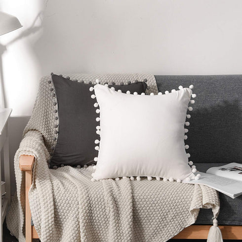 CAWANFLY Set of 2 Decorative Throw Pillow Covers with Cute Pom Pom, Square Soft Cushion Case Home Decor for Couch Sofa Bed 18x18Inch/45x45 cm (Whi...