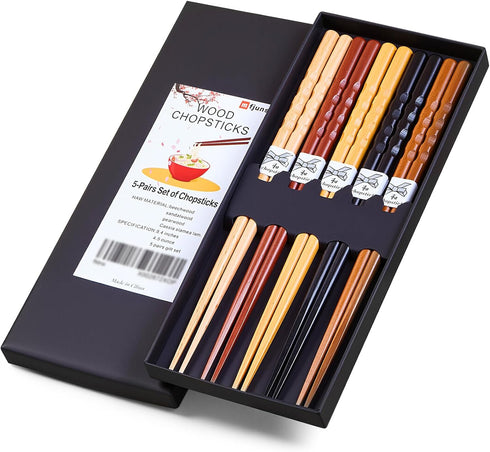 5 Pairs Japanese Minimalist Reusable Chopsticks, 8.8 Inch Non-Slip Natural Wood Set - Ideal for Sushi, Noodles, Rice | Chopsticks Gift Set for Asi...