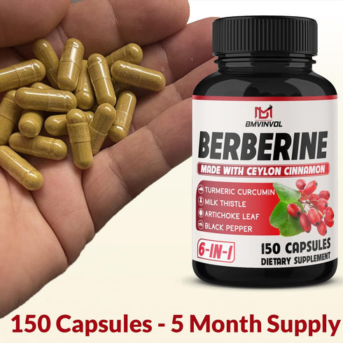 150 Capsules Berberine Supplement with Ceylon Cinnamon, Turmeric, Milk Thistle, Artichoke, and Black Pepper - 5 Month Supply...