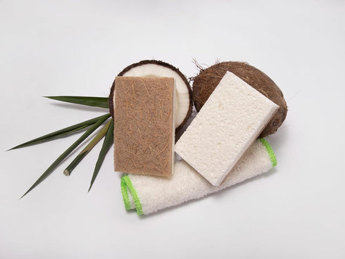 Natural Kitchen Sponge- Coconut Base Dish Sponge and Rayon derived from Bamboo Dishcloth Bundle- 12 Coconut Scrubbers & 4 Pieces Rayon derived fro...